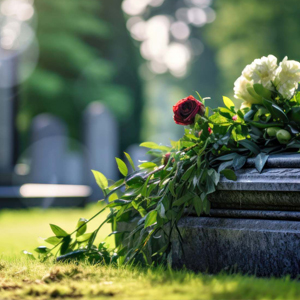 photograph of a coffin with flowers outside in a graveyard