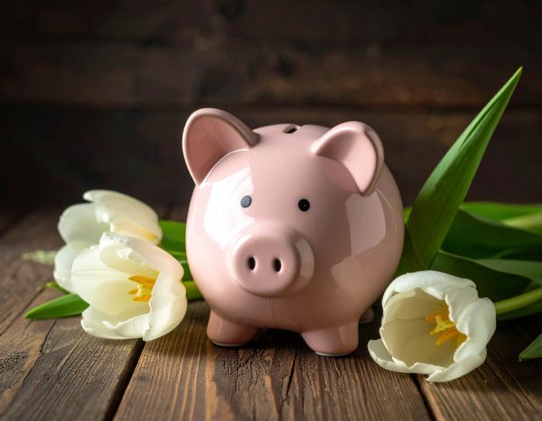 a photo of a piggy bank with some funeral flowers beside it